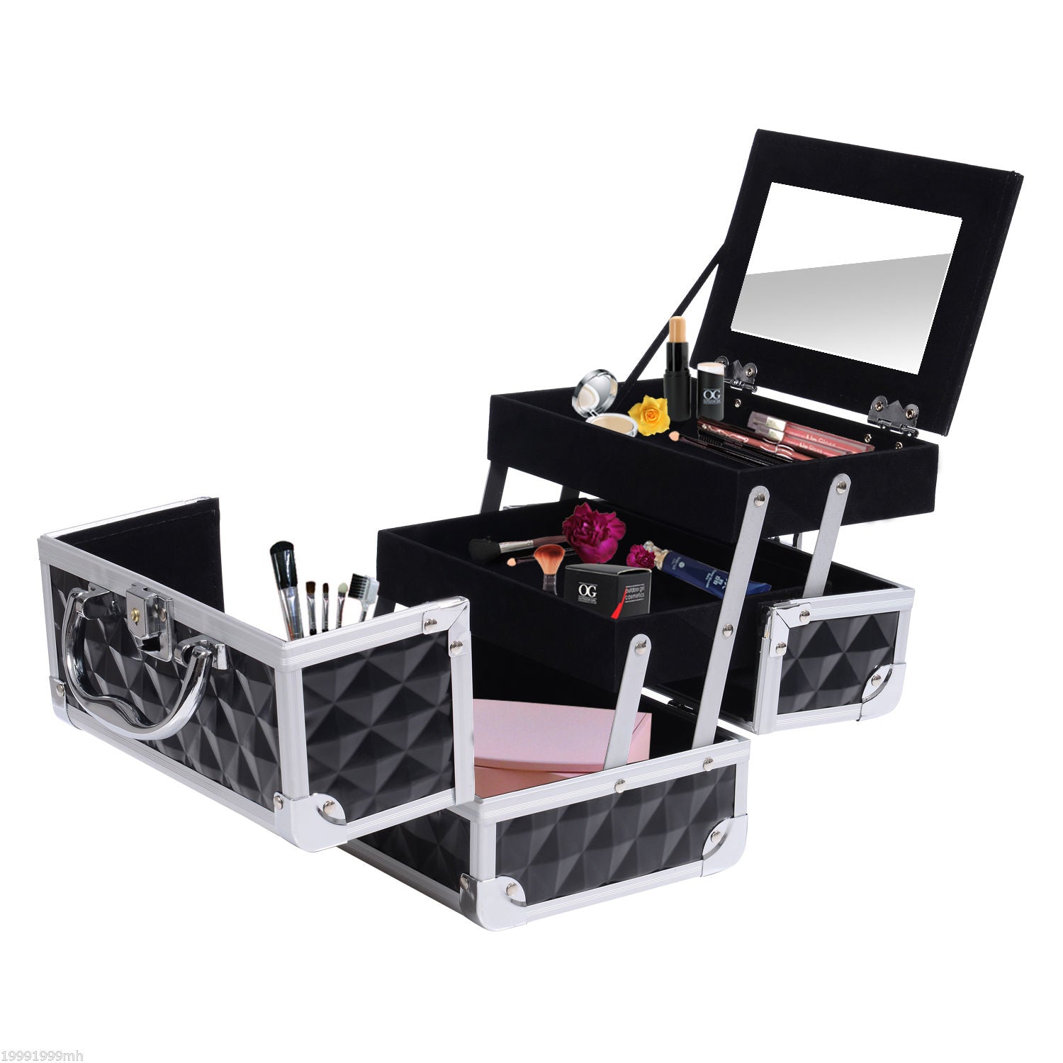 HOMCOM 3 Tier Makeup Train Case Cosmetic Jewelry Box Diamond Texture