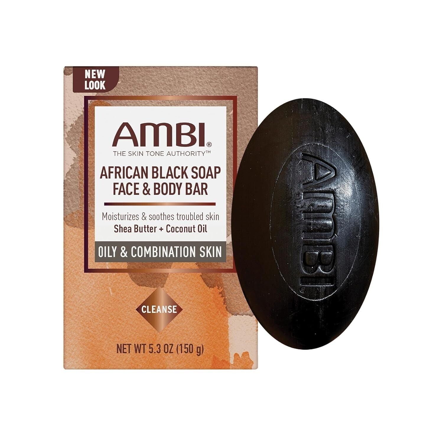 Ambi African Black Soap Face & Body Bar, Cleans and Nourishes Skin, Rinses Clear