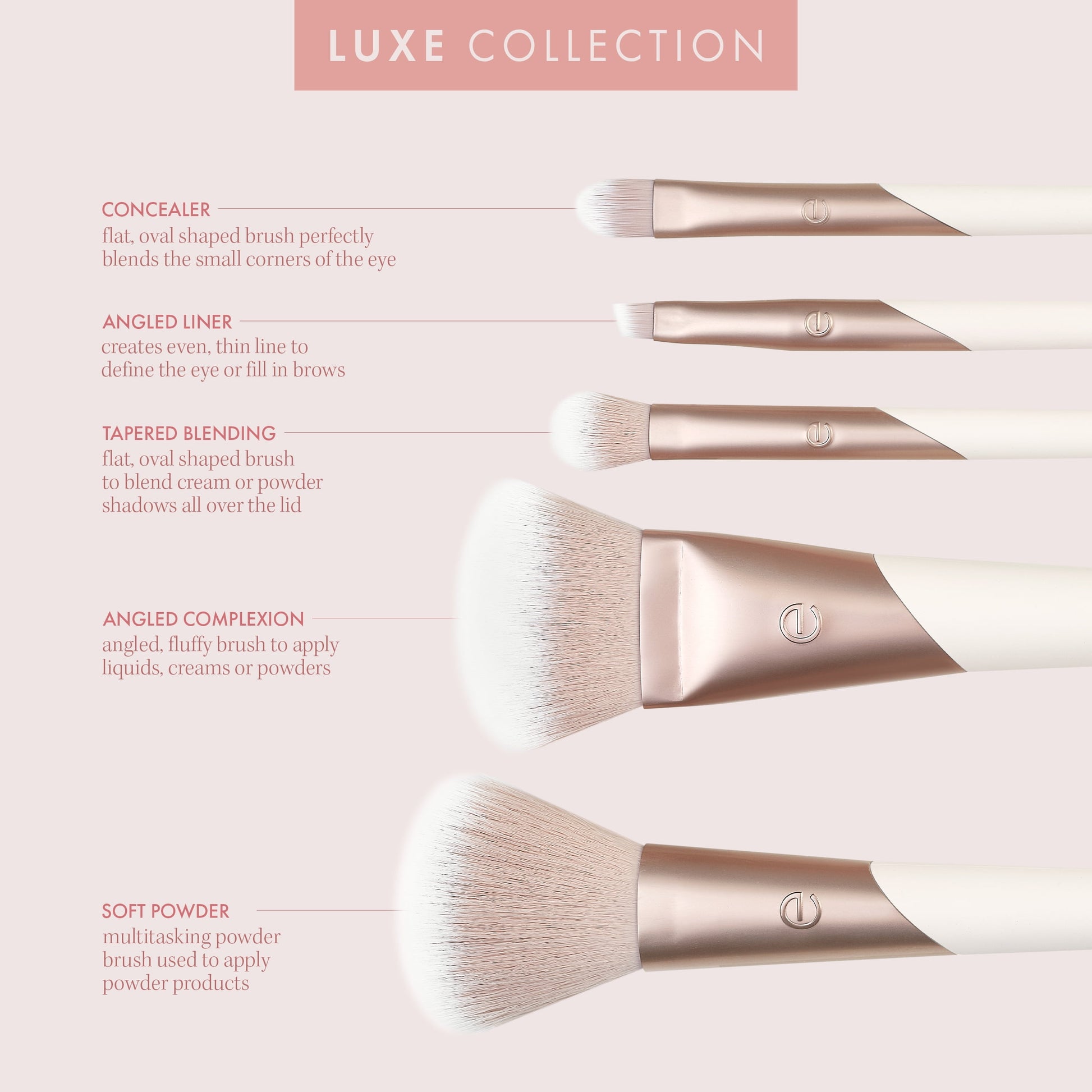 Luxe Natural Makeup Brush Set, for Face, Cheek, and Eye Makeup, 5 Piece Set