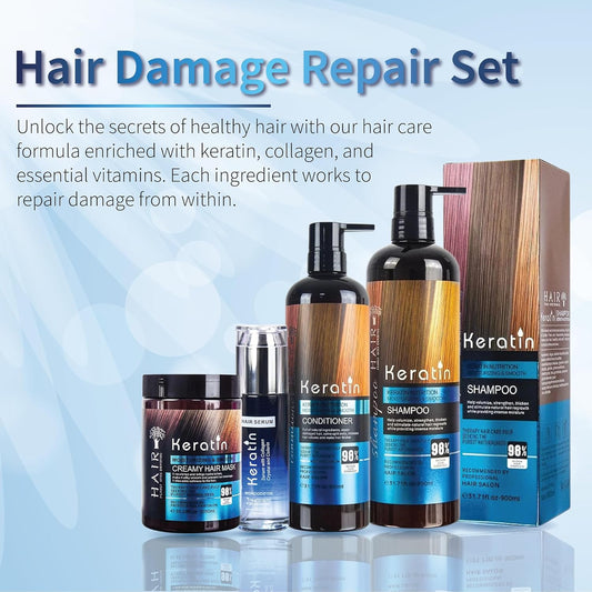 Damaged Hair Treatment Set - Keratin & Collagen Hair Treatment Including Shampoo, Deep Conditioner & Hair Oil, Moisturizing & Nourishing Hair Repair for Dry Hairs & Split Ends (Hair Kit)