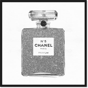 The Oliver Gal Artist Co. Fashion and Glam Framed Wall Art Canvas Prints 'Silver Classic Number 5' Perfumes Home Décor, 30 in X 30 In, Gray, White